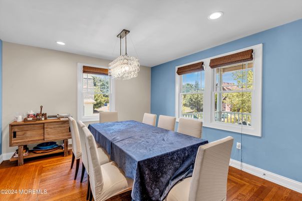 Dining room, Interior, Pendant Lights, Recessed Lighting, Wood Texture Flooring