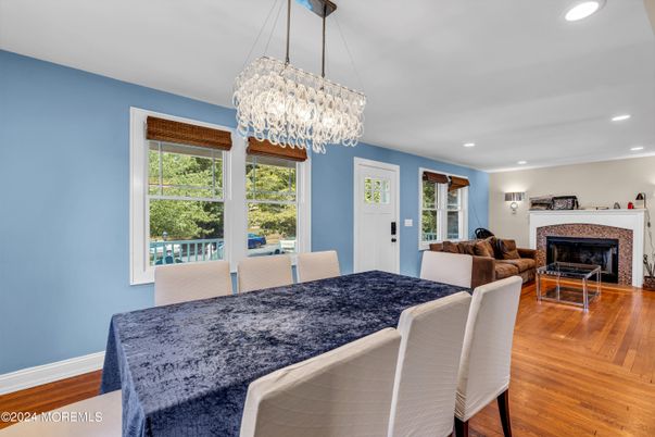 Chandelier, Dining room, Fireplace, Interior, Living room, Recessed Lighting, Wood Texture Flooring