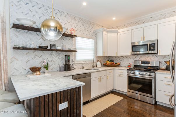 Interior, Kitchen, Pendant Lights, Recessed Lighting, Stainless Steel Appliances, Wood Texture Flooring