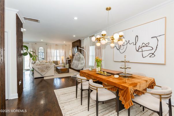 Chandelier, Dining room, Interior, Living room, Recessed Lighting, Wood Texture Flooring
