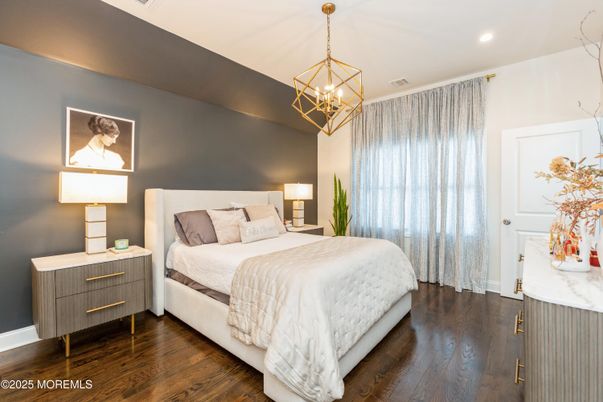 Bedroom, Interior, Pendant Lights, Recessed Lighting, Wood Texture Flooring