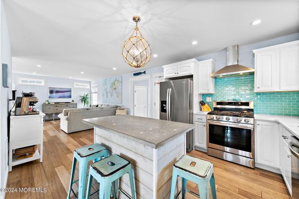 Interior, Kitchen, Living room, Recessed Lighting, Stainless Steel Appliances, Wood Texture Flooring