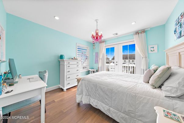 Bedroom, Chandelier, Home Office, Interior, Recessed Lighting, Wood Texture Flooring