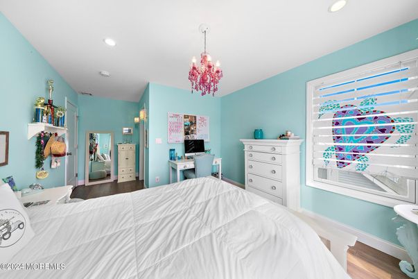 Bedroom, Chandelier, Interior, Recessed Lighting, Wood Texture Flooring