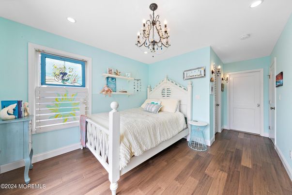 Bedroom, Chandelier, Interior, Recessed Lighting, Wood Texture Flooring