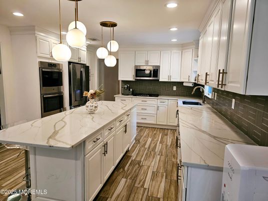 Interior, Kitchen, Pendant Lights, Recessed Lighting, Stainless Steel Appliances, Wood Texture Flooring