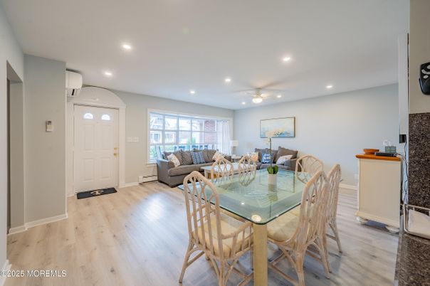 Dining room, Interior, Living room, Recessed Lighting, Wood Texture Flooring