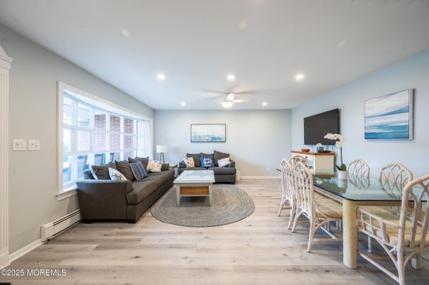 Dining room, Interior, Living room, Recessed Lighting, Wood Texture Flooring