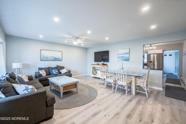 Dining room, Interior, Kitchen, Living room, Recessed Lighting, Stainless Steel Appliances, Wood Texture Flooring