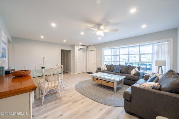 Dining room, Interior, Living room, Recessed Lighting, Wood Texture Flooring