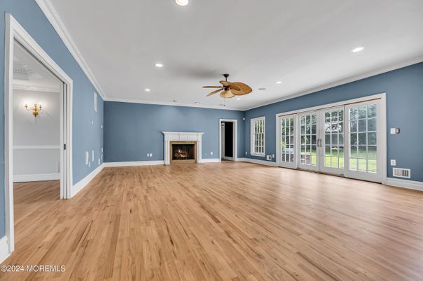 Empty room, Fireplace, Interior, Recessed Lighting, Wood Texture Flooring
