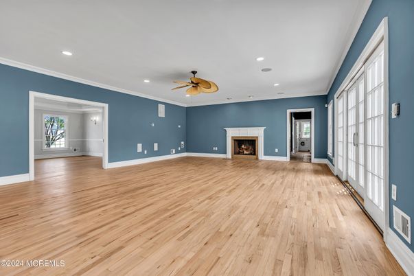 Empty room, Fireplace, Interior, Recessed Lighting, Wood Texture Flooring