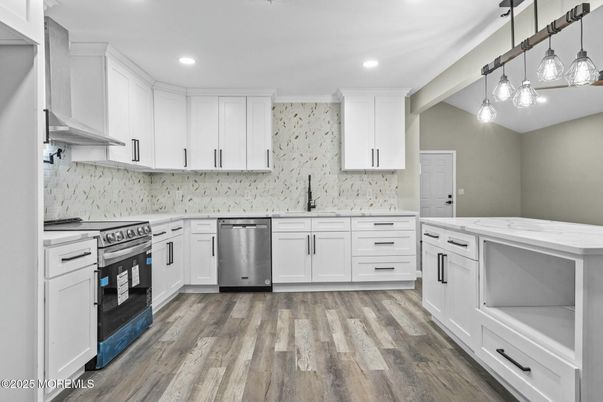 Interior, Kitchen, Pendant Lights, Recessed Lighting, Stainless Steel Appliances, Wood Texture Flooring