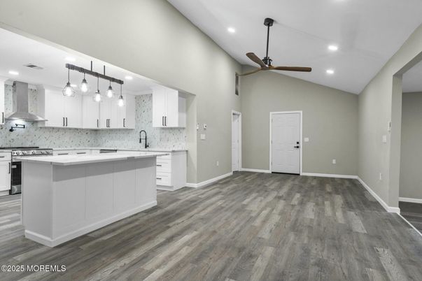Interior, Kitchen, Pendant Lights, Recessed Lighting, Wood Texture Flooring