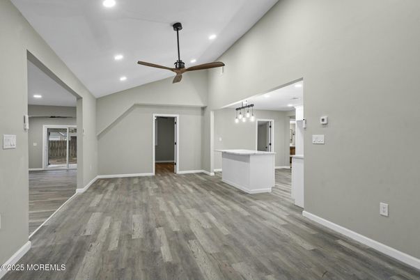 Empty room, Interior, Kitchen, Pendant Lights, Recessed Lighting, Wood Texture Flooring