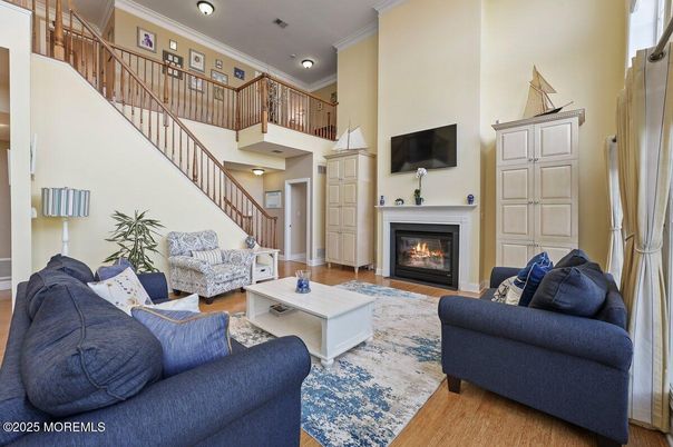 Fireplace, Interior, Living room, Recessed Lighting, Wood Texture Flooring