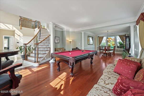 Billiard Table, Chandelier, Dining room, Game Room, Interior, Wood Texture Flooring
