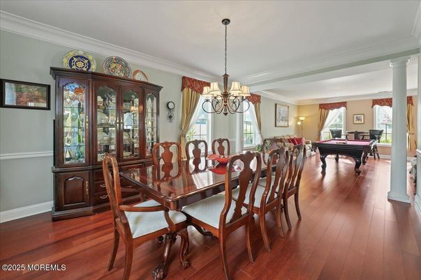Billiard Table, Chandelier, Dining room, Game Room, Interior, Wood Texture Flooring