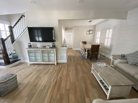Dining room, Interior, Living room, Pendant Lights, Wood Texture Flooring