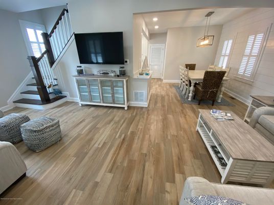 Dining room, Interior, Pendant Lights, Recessed Lighting, Wood Texture Flooring