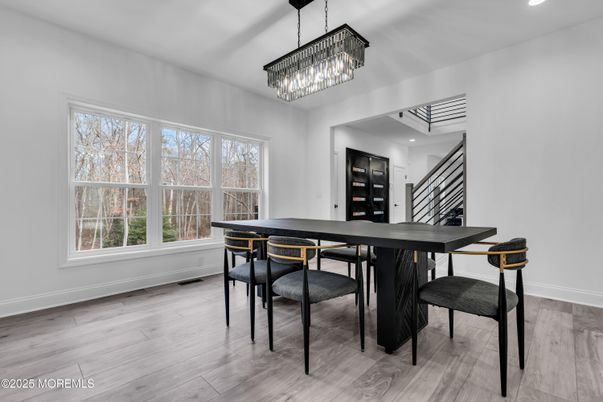Chandelier, Dining room, Interior, Pendant Lights, Recessed Lighting, Wood Texture Flooring