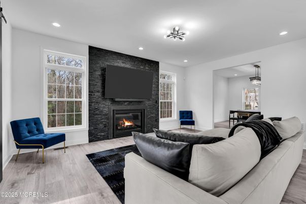 Fireplace, Interior, Living room, Pendant Lights, Recessed Lighting, Wood Texture Flooring