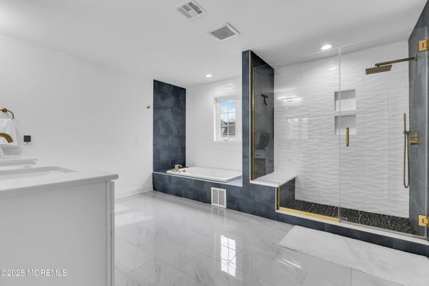 Bathroom, Dual Sink Vanities, Glass Shower, Interior, Marble, Recessed Lighting