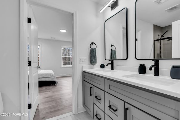 Bathroom, Bedroom, Dual Sink Vanities, Interior, Recessed Lighting, Wood Texture Flooring
