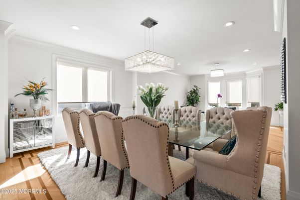 Chandelier, Dining room, Interior, Pendant Lights, Recessed Lighting, Wood Texture Flooring