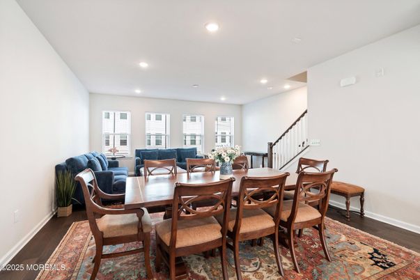 Dining room, Interior, Living room, Recessed Lighting, Wood Texture Flooring