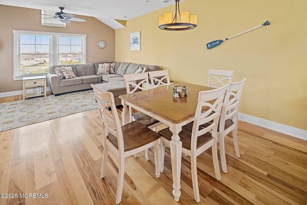 Dining room, Interior, Living room, Pendant Lights, Wood Texture Flooring