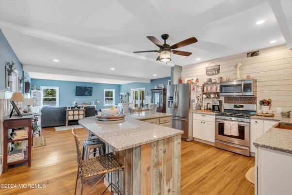Interior, Kitchen, Living room, Recessed Lighting, Stainless Steel Appliances, Wood Texture Flooring