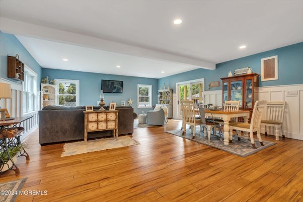 Dining room, Interior, Living room, Recessed Lighting, Wood Texture Flooring