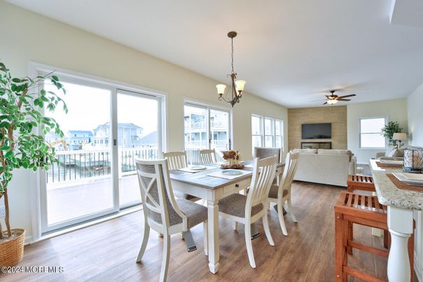 Dining room, Interior, Living room, Pendant Lights, Wood Texture Flooring