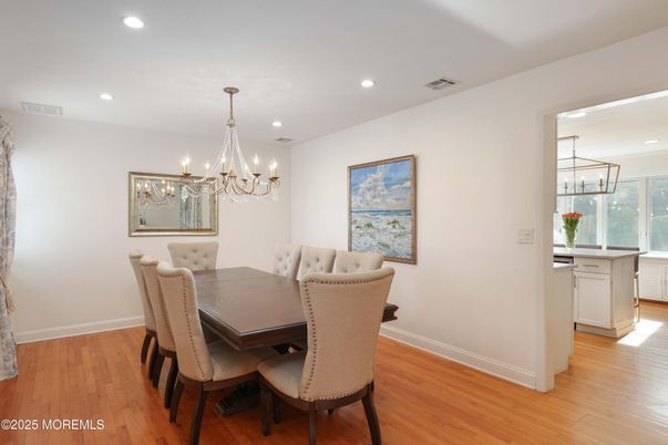 Chandelier, Dining room, Interior, Recessed Lighting, Wood Texture Flooring