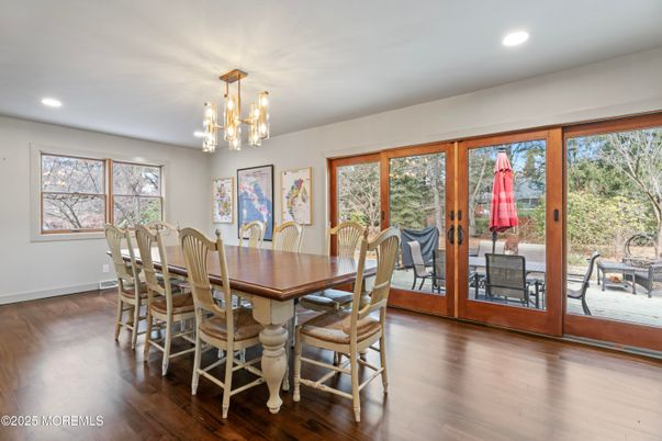 Dining room, Interior, Pendant Lights, Recessed Lighting, Wood Texture Flooring