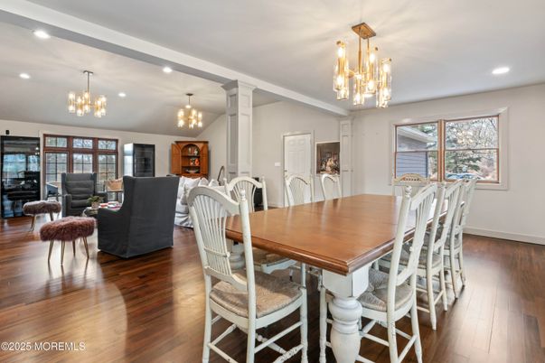Chandelier, Dining room, Interior, Living room, Pendant Lights, Recessed Lighting, Wood Texture Flooring