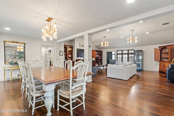Chandelier, Dining room, Interior, Living room, Pendant Lights, Recessed Lighting, Wood Texture Flooring