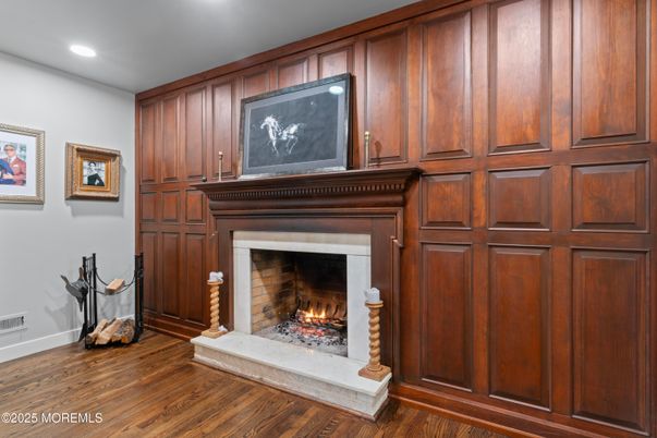 Fireplace, Interior, Recessed Lighting, Wood Texture Flooring, Wooden Walls