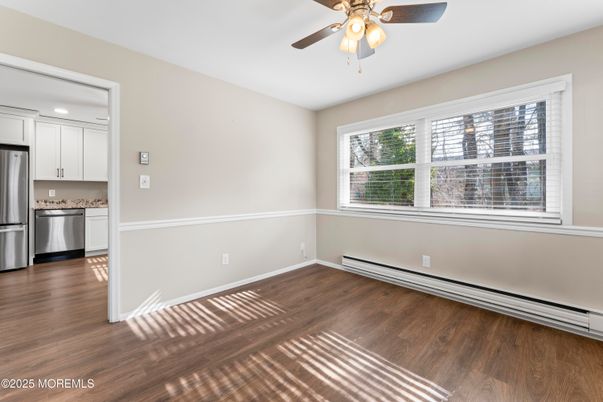 Empty room, Interior, Kitchen, Stainless Steel Appliances, Wood Texture Flooring