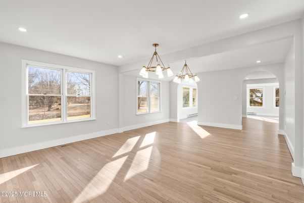 Empty room, Interior, Pendant Lights, Recessed Lighting, Wood Texture Flooring