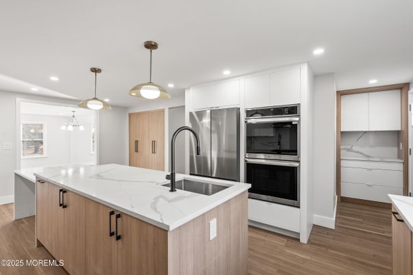 Interior, Kitchen, Pendant Lights, Recessed Lighting, Stainless Steel Appliances, Wood Texture Flooring