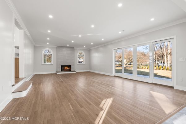 Empty room, Fireplace, Interior, Recessed Lighting, Wood Texture Flooring