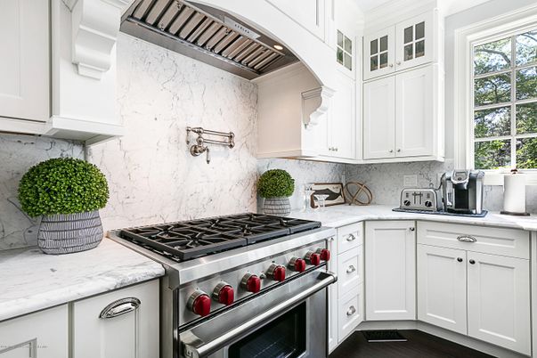 Interior, Kitchen, Marble Walls, Stainless Steel Appliances, Wood Texture Flooring