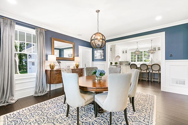 Dining room, Interior, Pendant Lights, Recessed Lighting, Wood Texture Flooring
