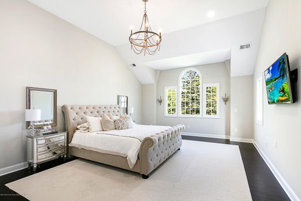 Bedroom, Chandelier, Interior, Recessed Lighting, Wood Texture Flooring