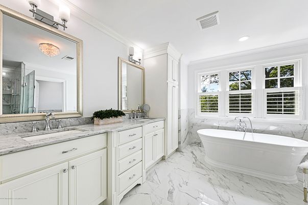 Bathroom, Dual Sink Vanities, Free Standing Baths, Interior, Marble, Recessed Lighting