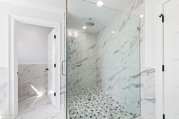 Bathroom, Glass Shower, Interior, Marble, Marble Walls, Recessed Lighting