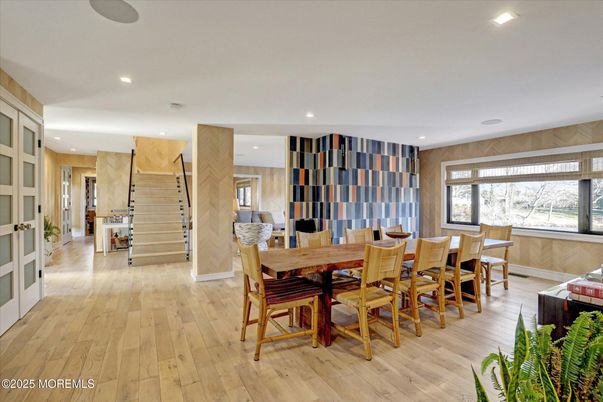 Dining room, Interior, Recessed Lighting, Wood Texture Flooring