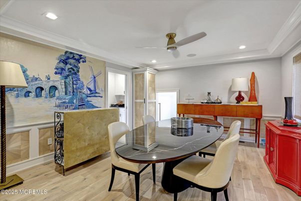 Dining room, Interior, Recessed Lighting, Wood Texture Flooring
